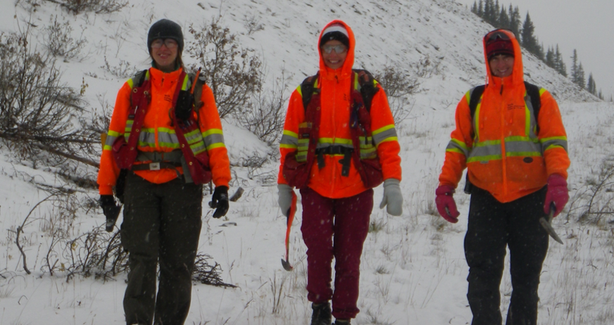 Three people in bright orange jackets walk in a snowy landscape.